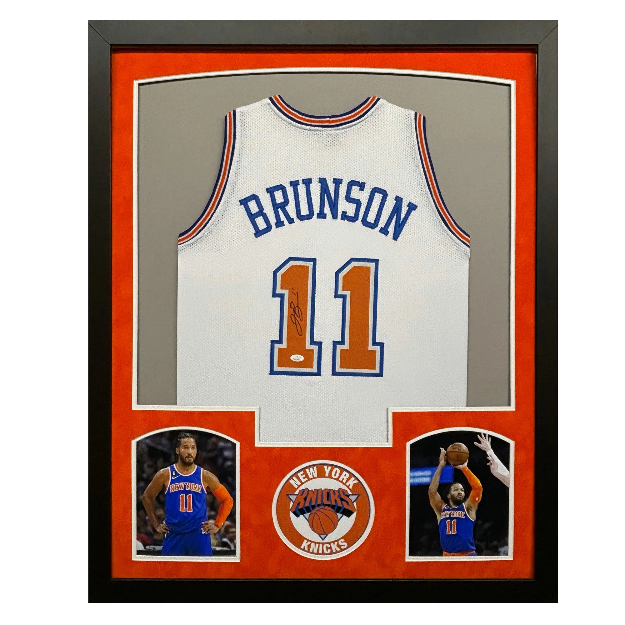 Jalen Brunson Signed New York White Custom Suede Matte Framed Basketball Jersey (JSA)