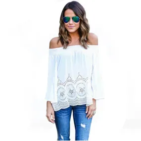 JECKSION Sexy Strapless Women T-Shirt White Lace Slash Neck Lady Shirt 2016 Fashion Embroidered Long Sleeve Tops