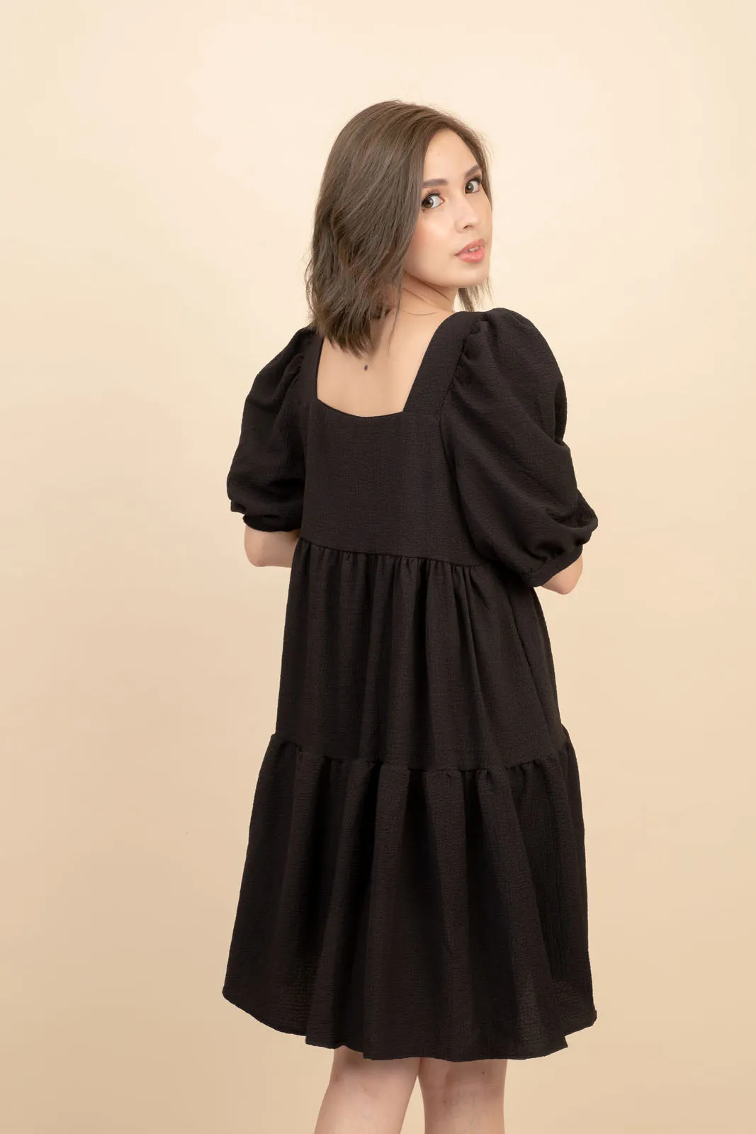 Kattie Black Babydoll Dress Textured Fabric