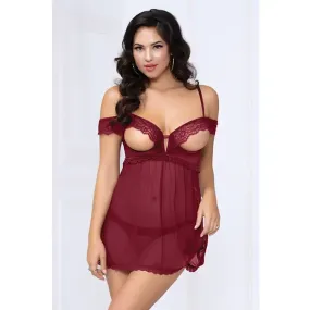 Lace and Mesh Open Cups Babydoll With fly Away Back and Panty Wine