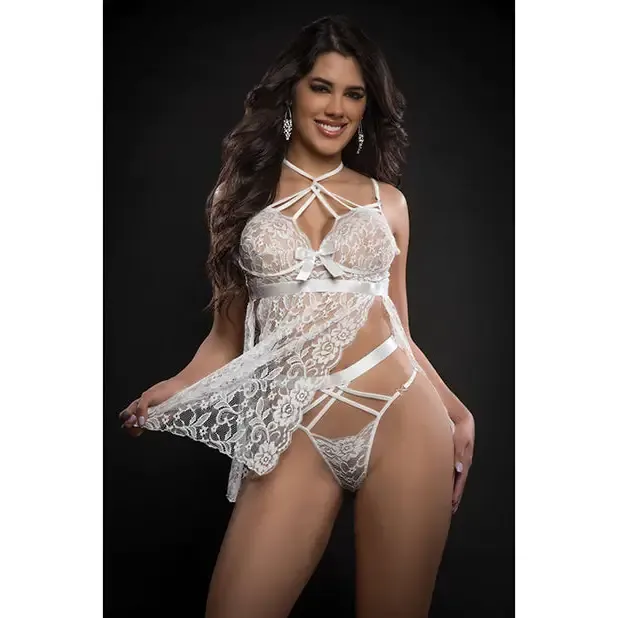 Lace Halter Babydoll W/high Waist Strappy Pant