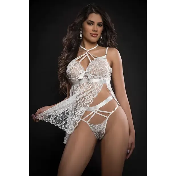 Lace Halter Babydoll W/high Waist Strappy Pant
