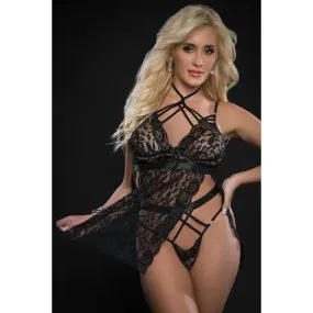 Lace Halter Babydoll W/high Waist Strappy Pant