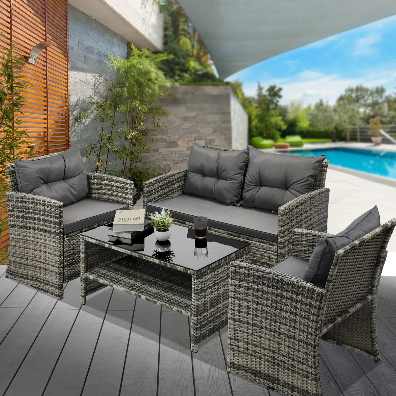 Livsip Outdoor Sofa Set Patio Furniture Wicker Table Chair Garden Lounge 4Piece