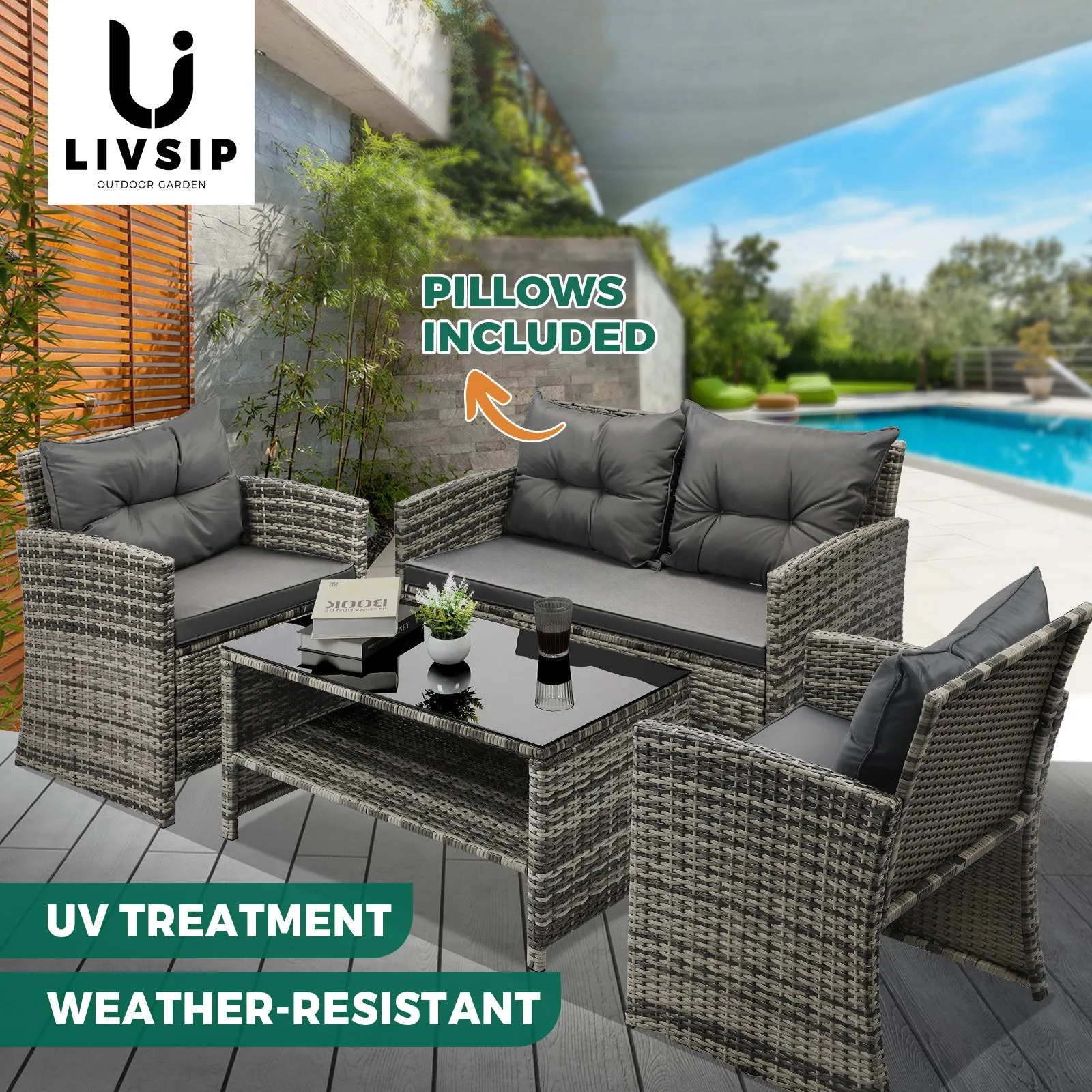Livsip Outdoor Sofa Set Patio Furniture Wicker Table Chair Garden Lounge 4Piece
