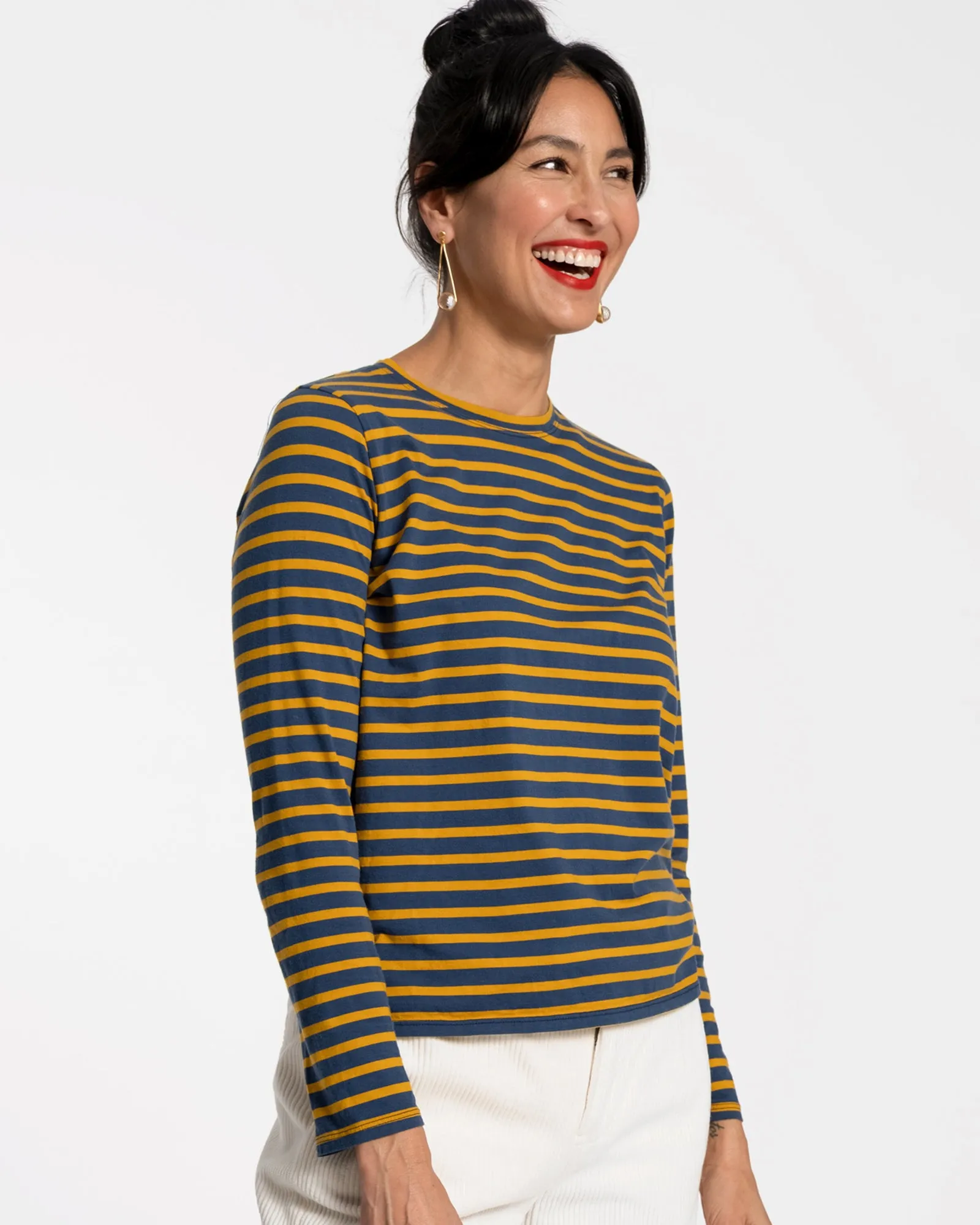 Long Sleeve Striped Tee Shirt Navy Mustard