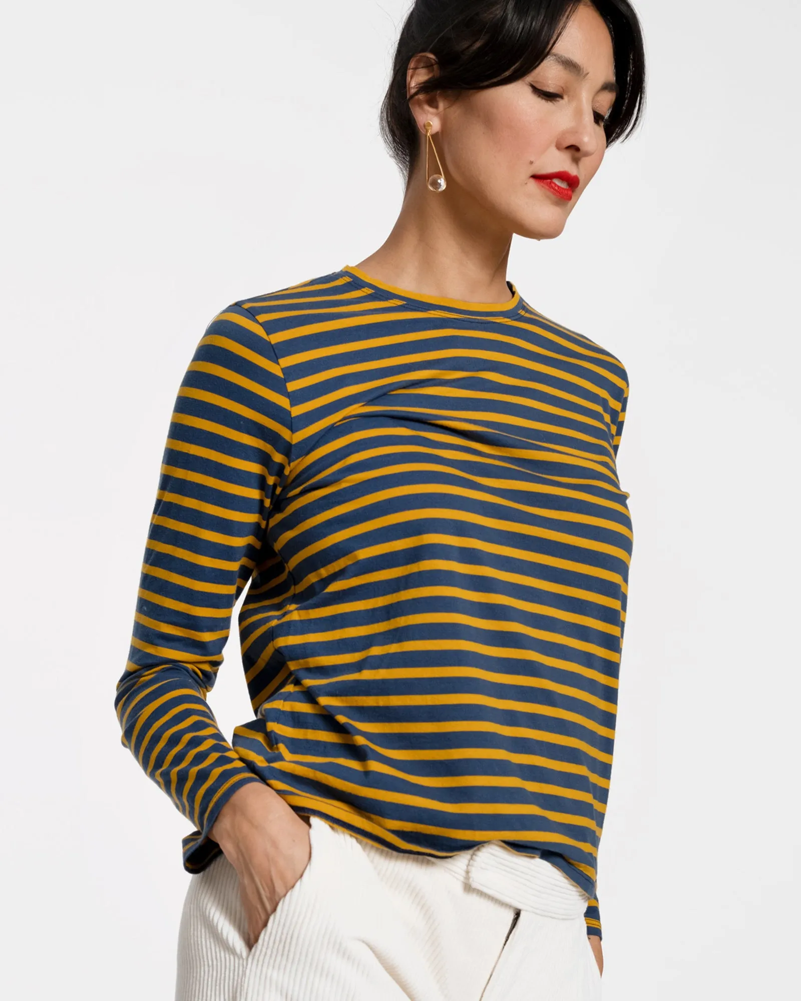 Long Sleeve Striped Tee Shirt Navy Mustard