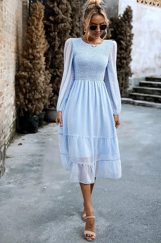 Long Sleeves Dotted Smocked Tiered Midi Dress