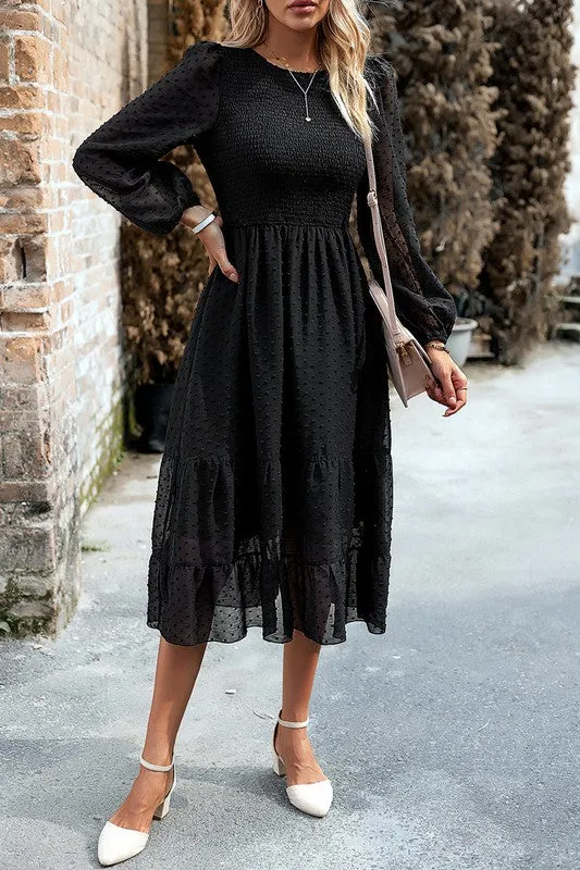 Long Sleeves Dotted Smocked Tiered Midi Dress