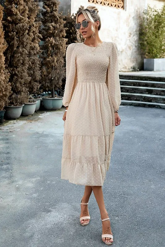 Long Sleeves Dotted Smocked Tiered Midi Dress