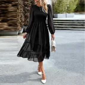 Long Sleeves Dotted Smocked Tiered Midi Dress