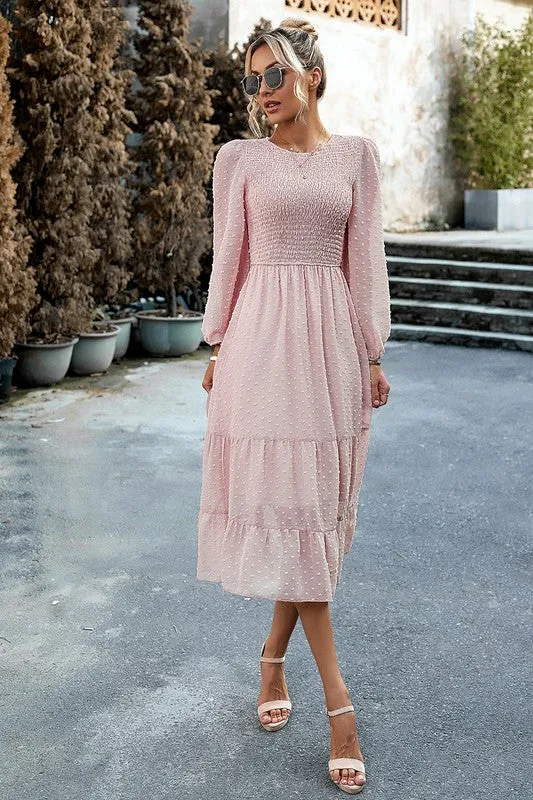 Long Sleeves Dotted Smocked Tiered Midi Dress