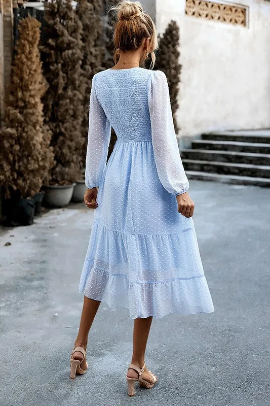 Long Sleeves Dotted Smocked Tiered Midi Dress