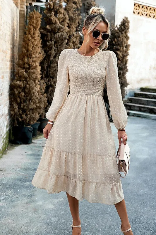Long Sleeves Dotted Smocked Tiered Midi Dress