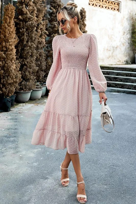 Long Sleeves Dotted Smocked Tiered Midi Dress