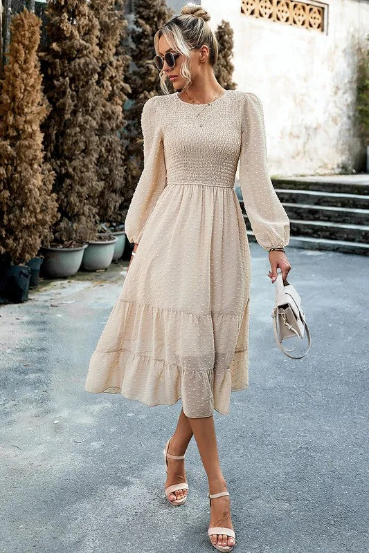 Long Sleeves Dotted Smocked Tiered Midi Dress