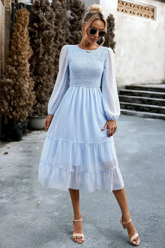 Long Sleeves Dotted Smocked Tiered Midi Dress