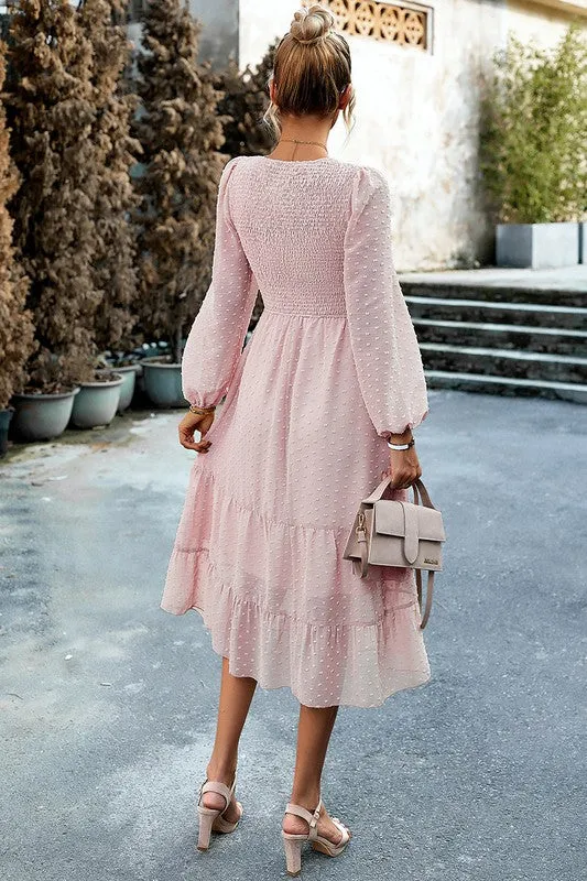 Long Sleeves Dotted Smocked Tiered Midi Dress