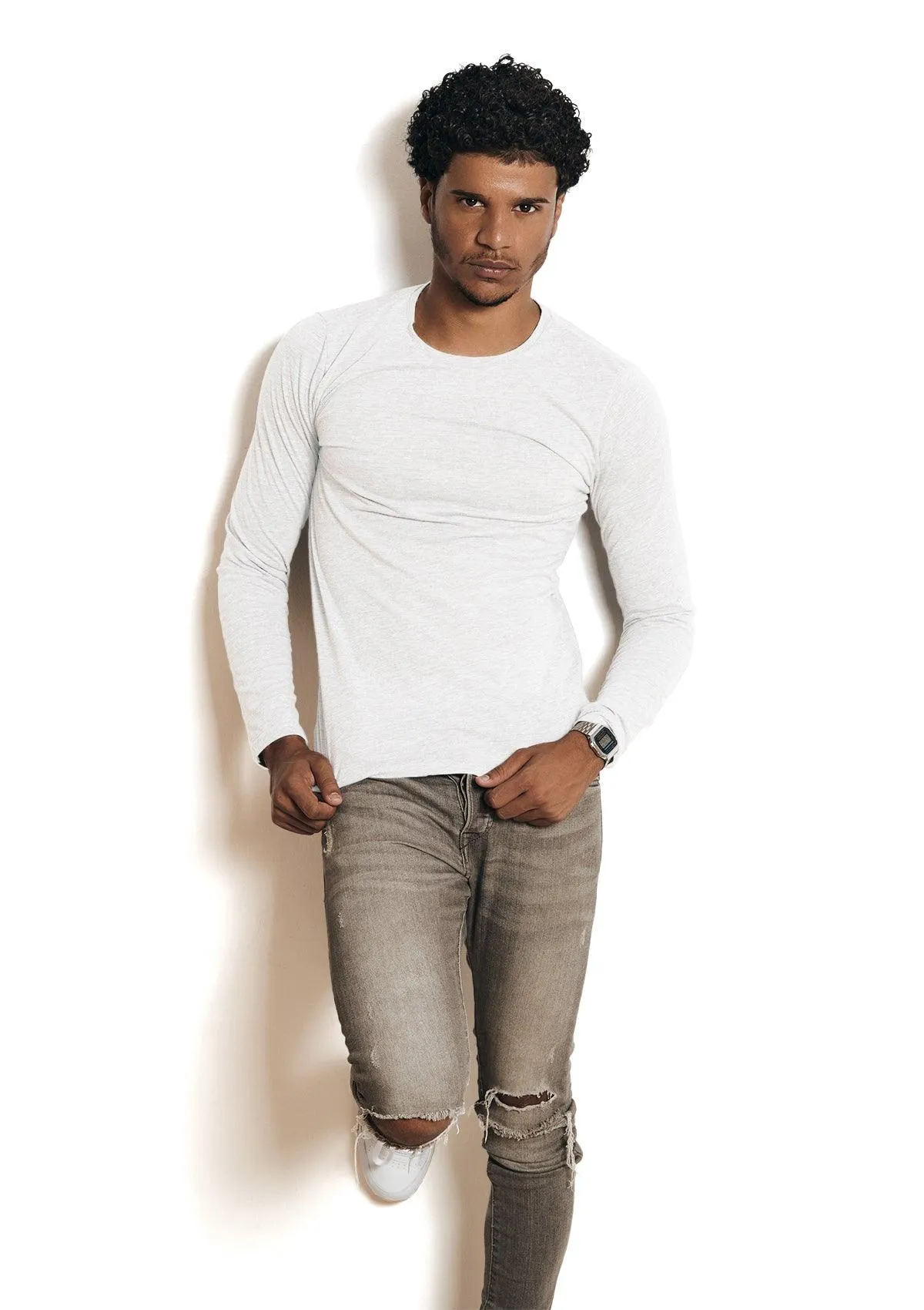 Mens T-Shirts Long Sleeve Crew Neck White