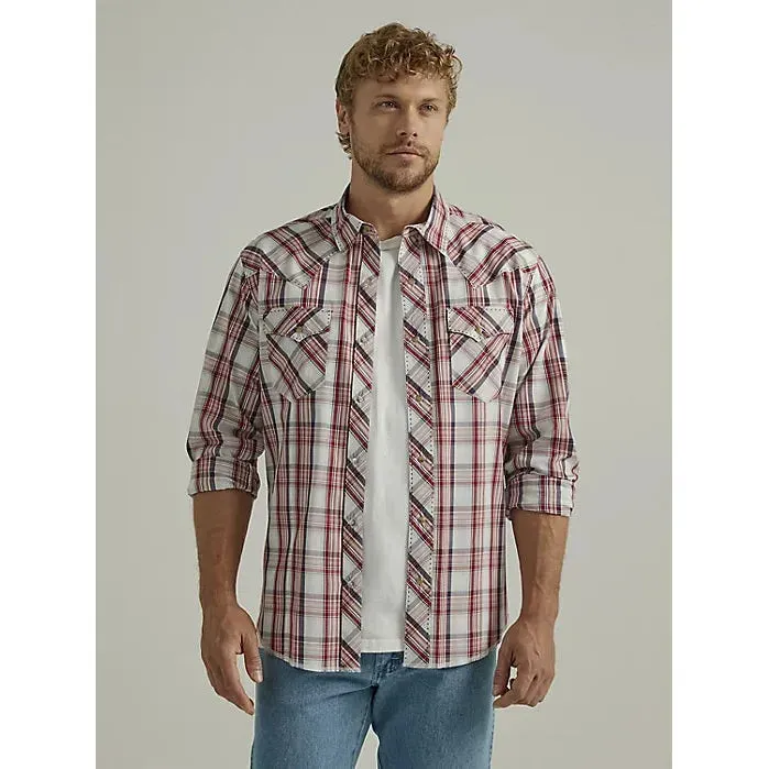 MEN'S WRANGLER LONG SLEEVE FASHION WESTERN SNAP PLAID SHIRT IN BIKING RED
