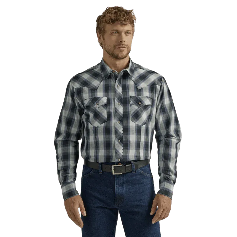 MEN'S WRANGLER LONG SLEEVE FASHION WESTERN SNAP PLAID SHIRT IN BLACK/WHITE PLAID
