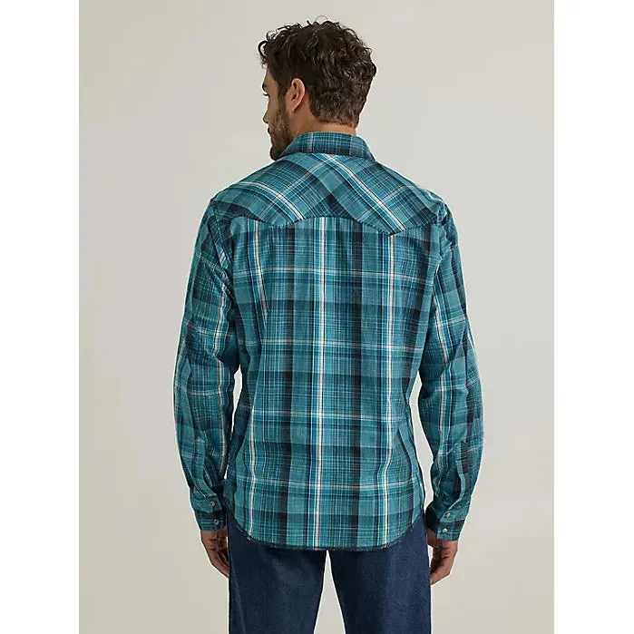 MEN'S WRANGLER LONG SLEEVE FASHION WESTERN SNAP PLAID SHIRT IN CERULEAN PLAID