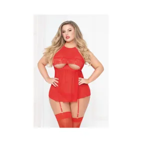 Mesh & Lace Babydoll W/open Underwire Cup & Gartered Thong Red Qn