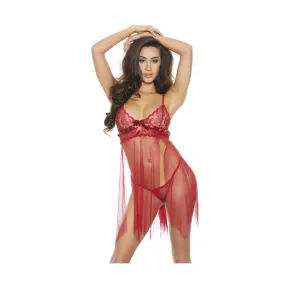 Mesh Strips And Lace Babydoll Set Burgundy O/S