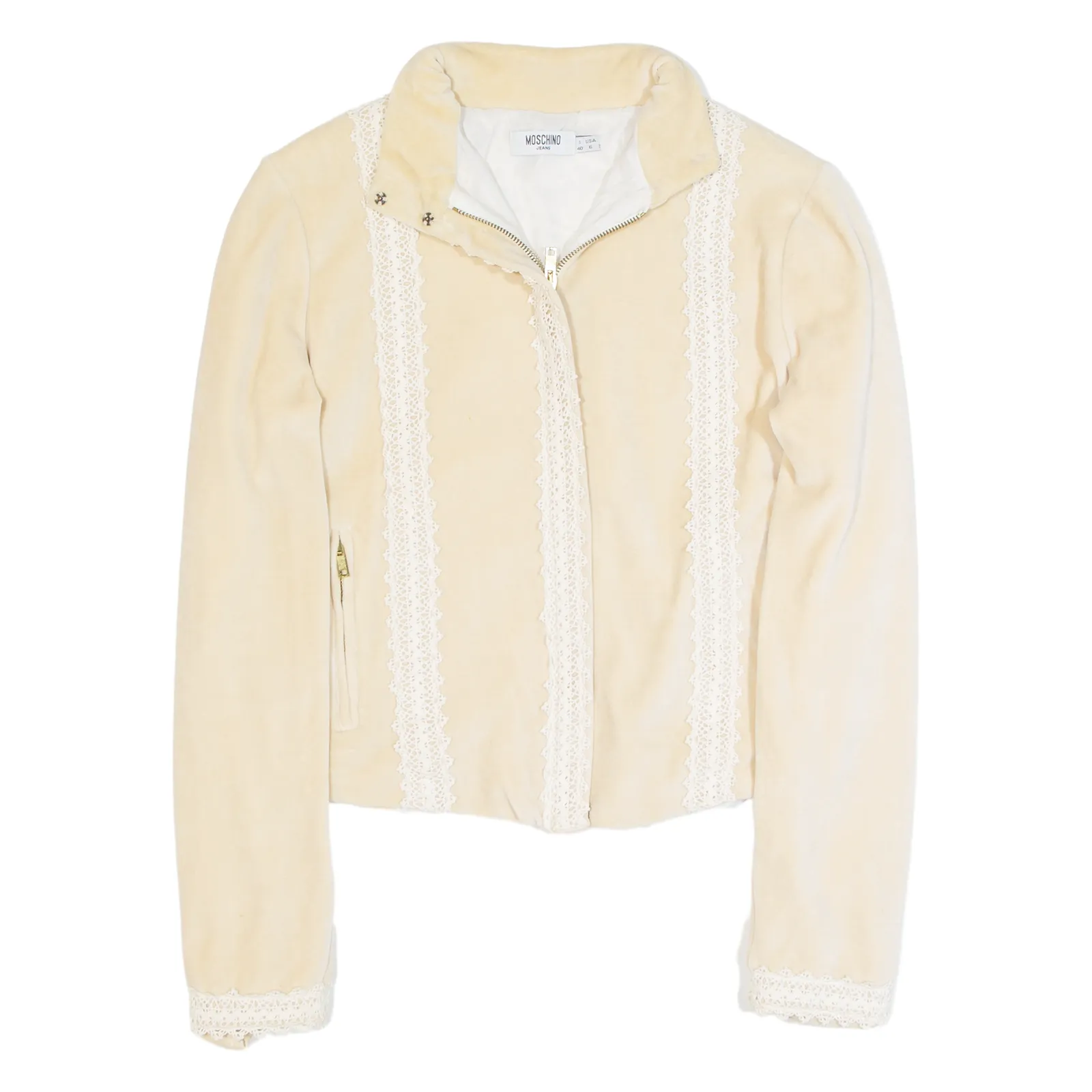MOSCHINO JEANS Lace Velour Womens Track Jacket Cream UK 8