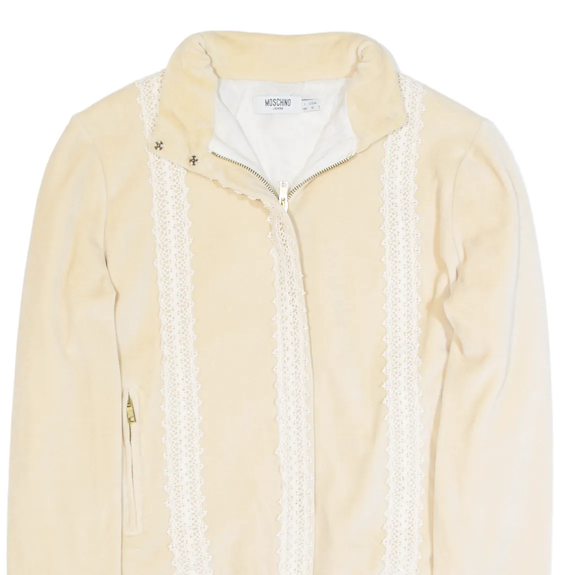 MOSCHINO JEANS Lace Velour Womens Track Jacket Cream UK 8