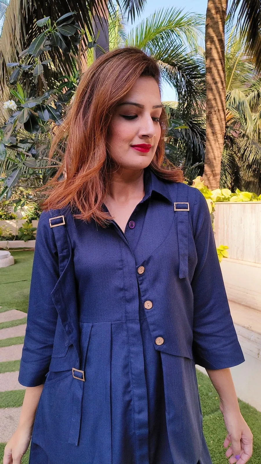 Navy Blue Shirt Dress With Waist Coat