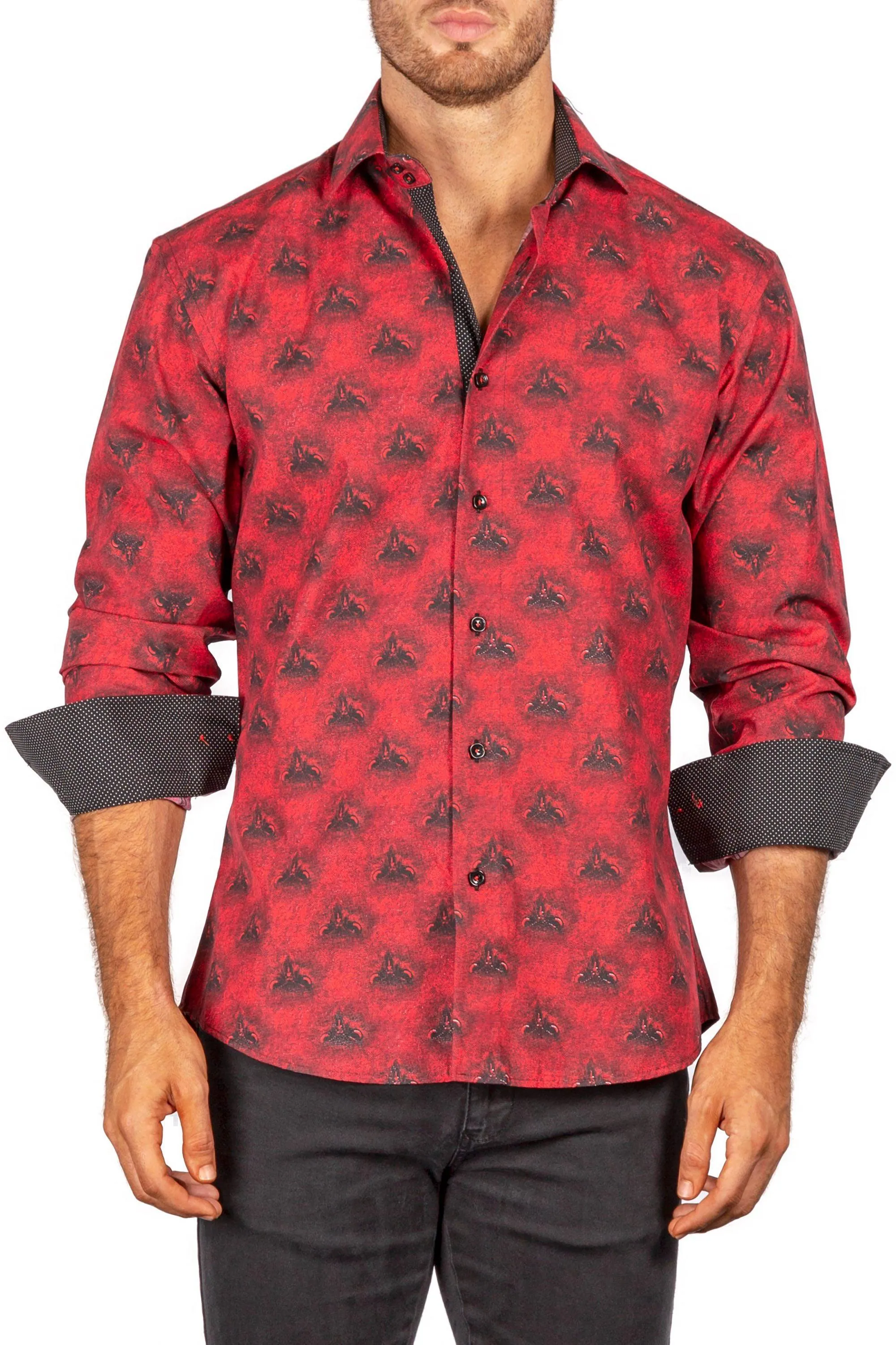 Night Owl Printed Long Sleeve Button Up Dress Shirt Red