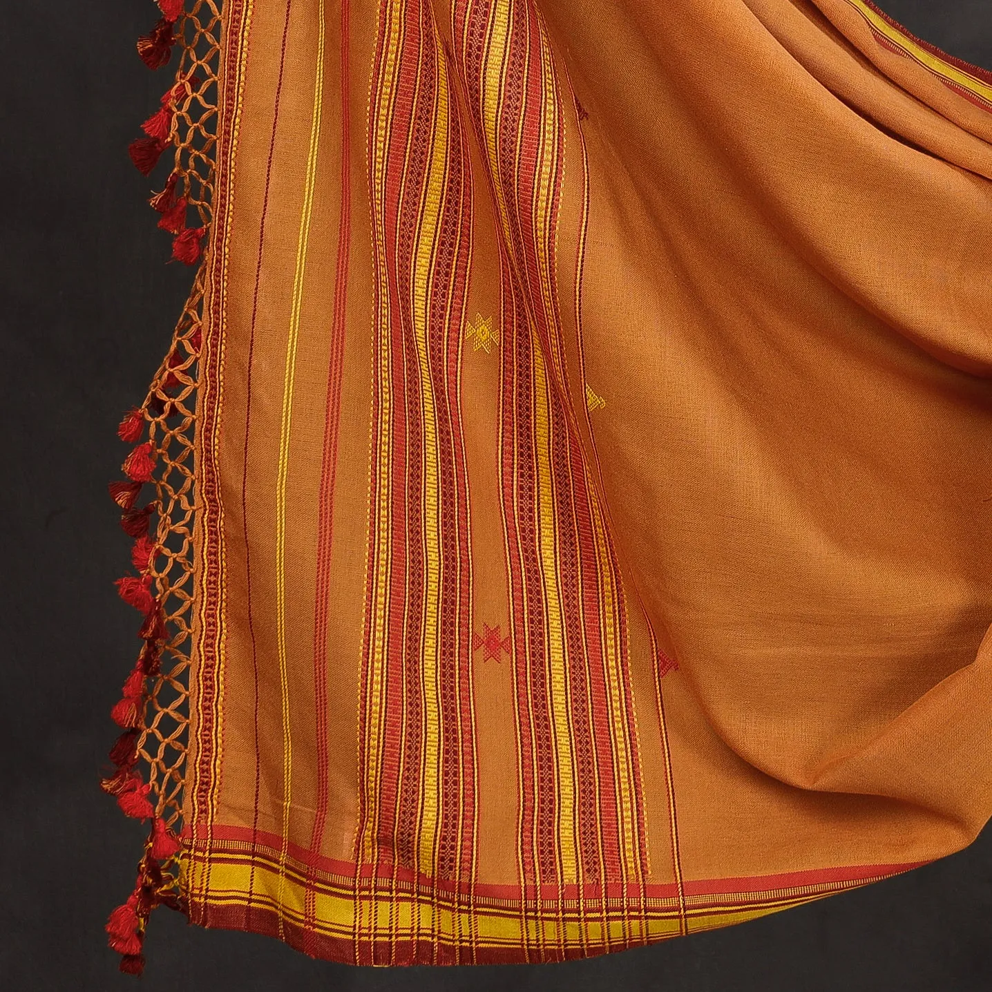 Orange - 3pc Kutch Bhujodi Weaving Handloom Fine Cotton Suit Material Set
