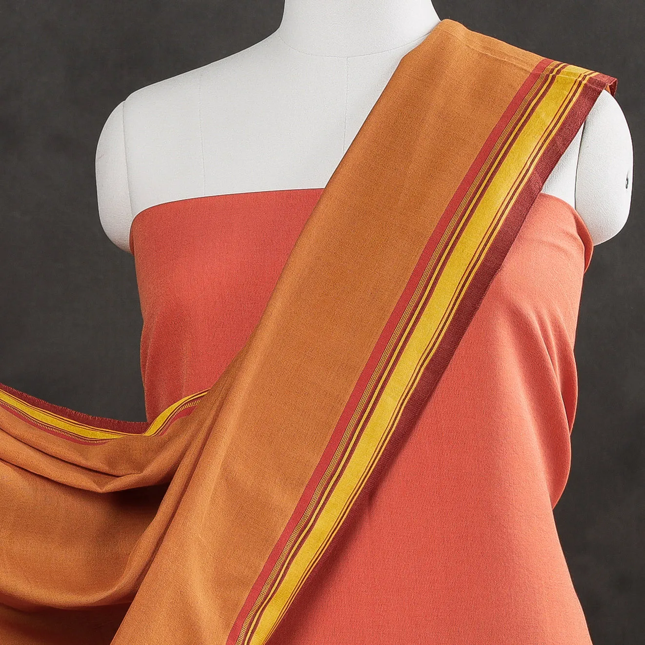 Orange - 3pc Kutch Bhujodi Weaving Handloom Fine Cotton Suit Material Set