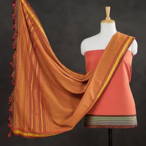 Orange - 3pc Kutch Bhujodi Weaving Handloom Fine Cotton Suit Material Set