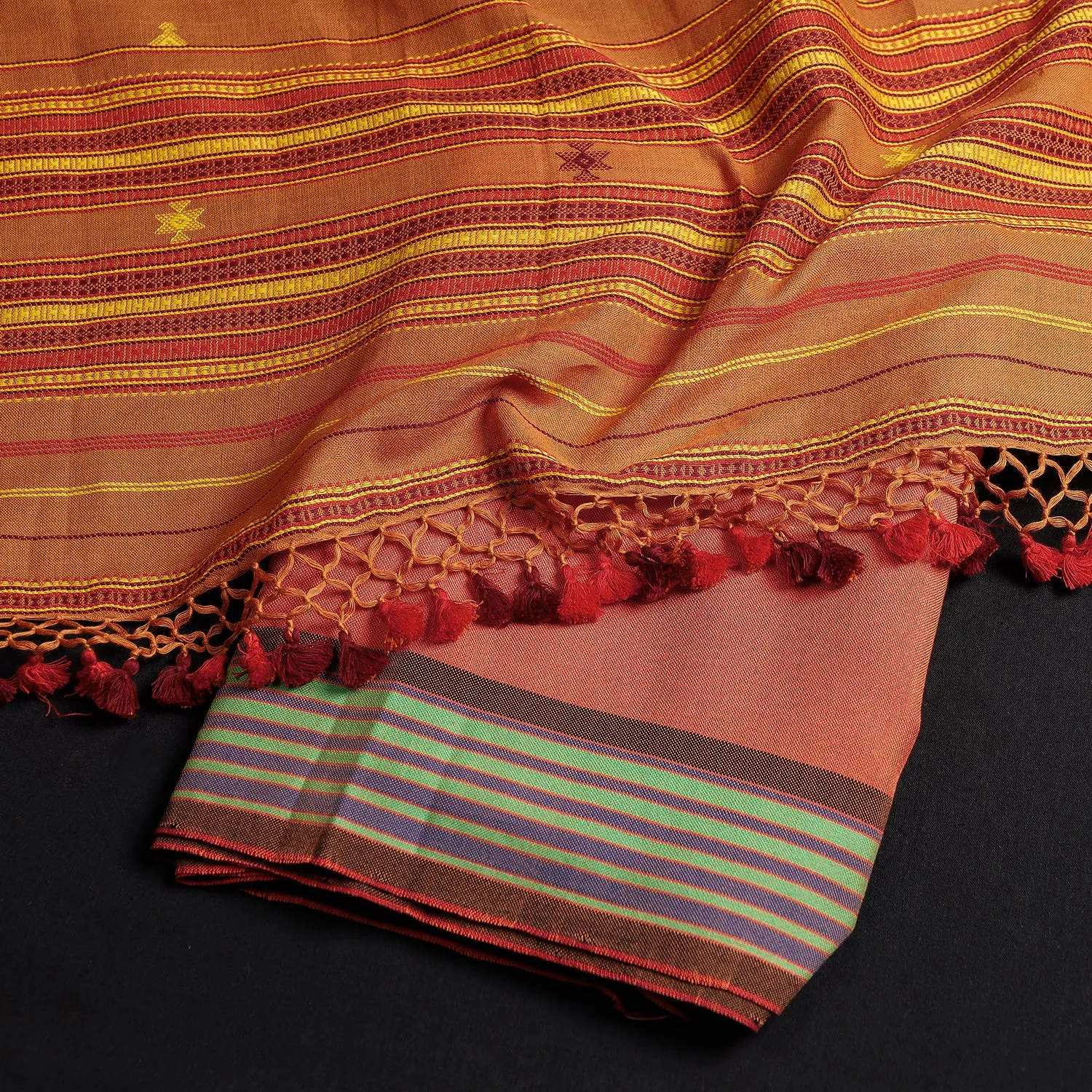 Orange - 3pc Kutch Bhujodi Weaving Handloom Fine Cotton Suit Material Set