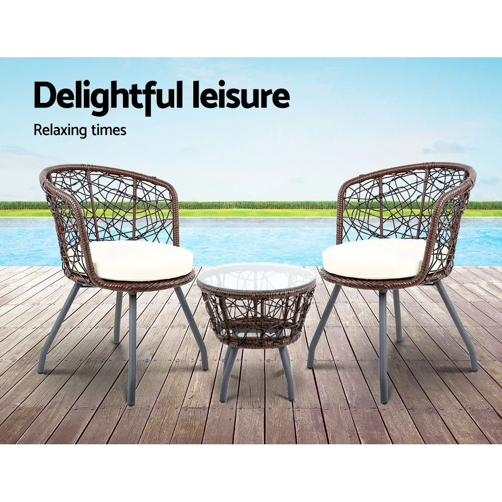 Outdoor Patio Chair and Table Bistro Set 3 Pc Round Rattan Chairs Table Brown