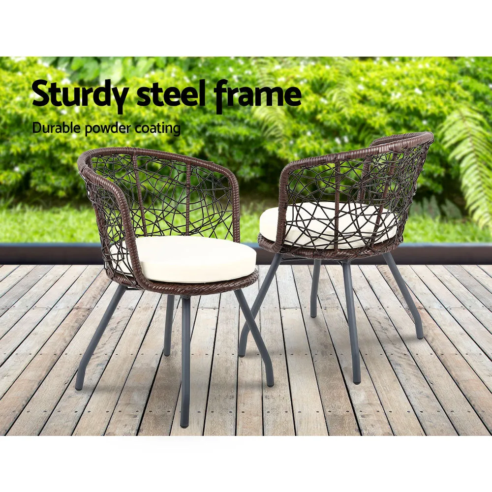 Outdoor Patio Chair and Table Bistro Set 3 Pc Round Rattan Chairs Table Brown