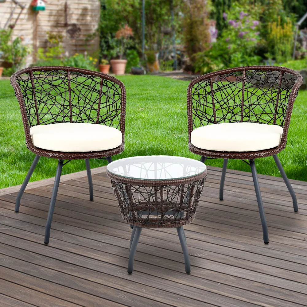 Outdoor Patio Chair and Table Bistro Set 3 Pc Round Rattan Chairs Table Brown