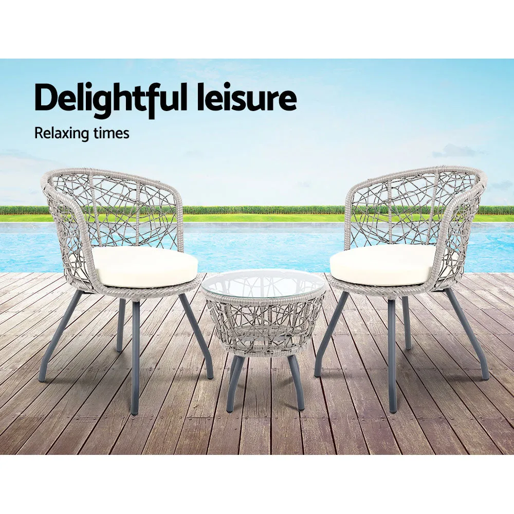 Outdoor Patio Chair and Table Bistro Set 3 Pc Round Rattan Chairs Table Grey