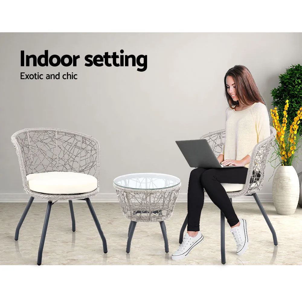 Outdoor Patio Chair and Table Bistro Set 3 Pc Round Rattan Chairs Table Grey