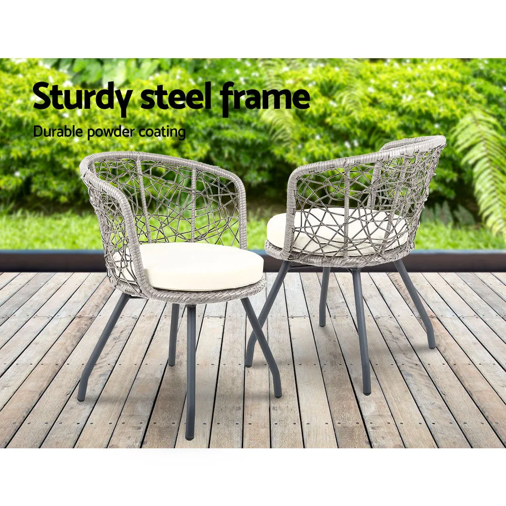 Outdoor Patio Chair and Table Bistro Set 3 Pc Round Rattan Chairs Table Grey