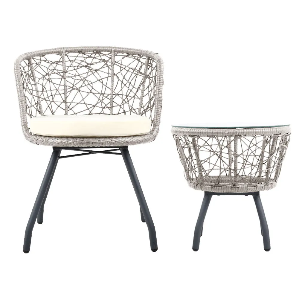 Outdoor Patio Chair and Table Bistro Set 3 Pc Round Rattan Chairs Table Grey