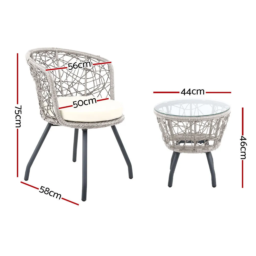 Outdoor Patio Chair and Table Bistro Set 3 Pc Round Rattan Chairs Table Grey
