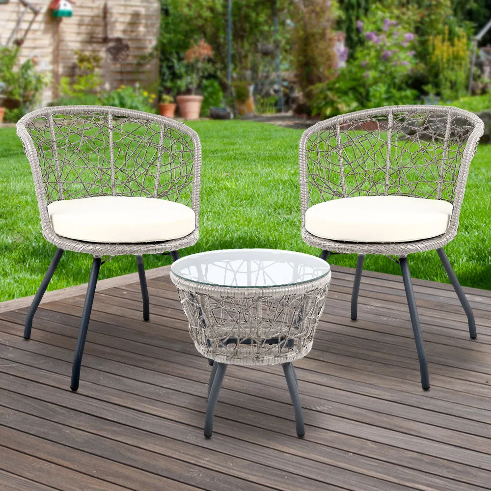 Outdoor Patio Chair and Table Bistro Set 3 Pc Round Rattan Chairs Table Grey