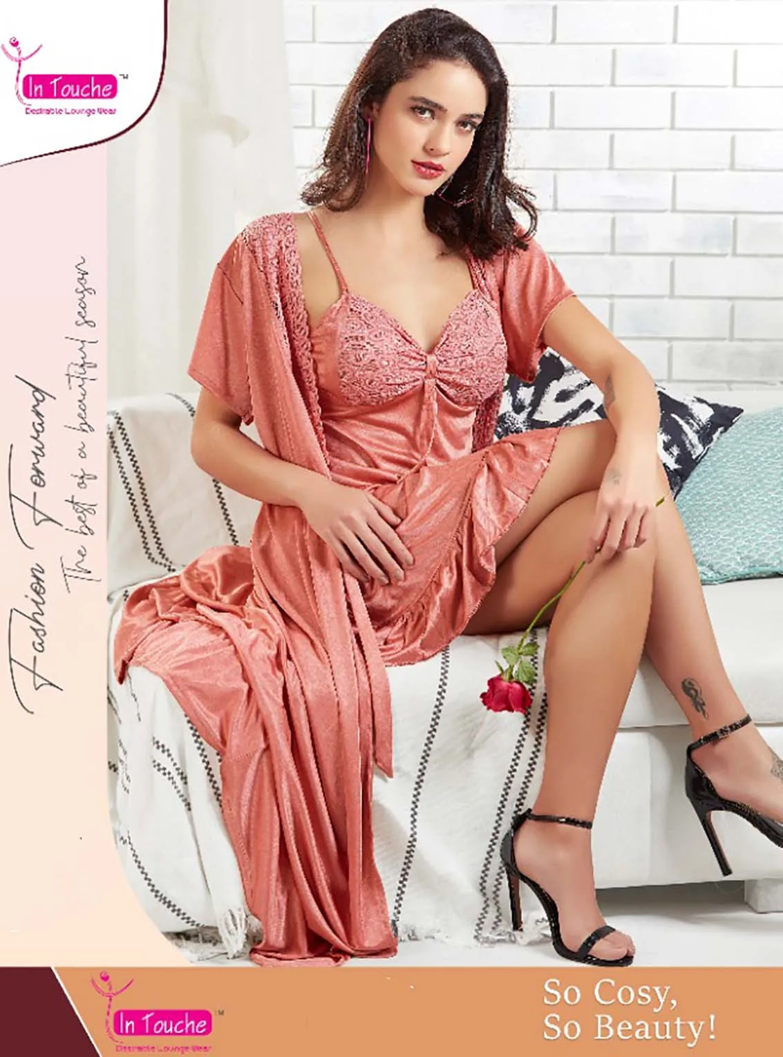 Pink Babydoll Satin Nighty with Robe nightgown set