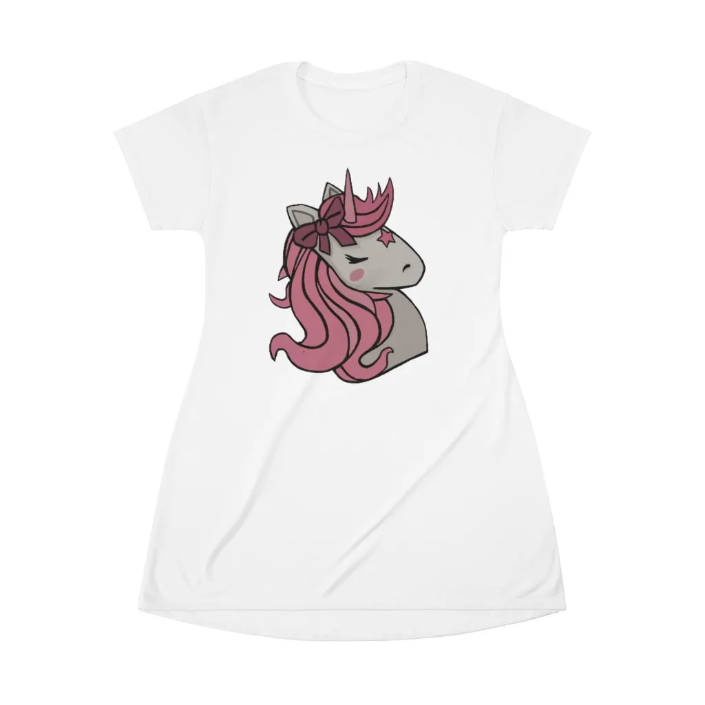 Pink Hair Unicorn Head All Over Print T-Shirt Dress