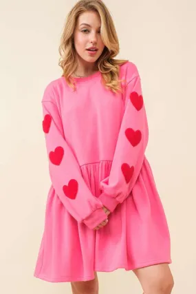 Pink Heart Patch Long Sleeve Babydoll Dress