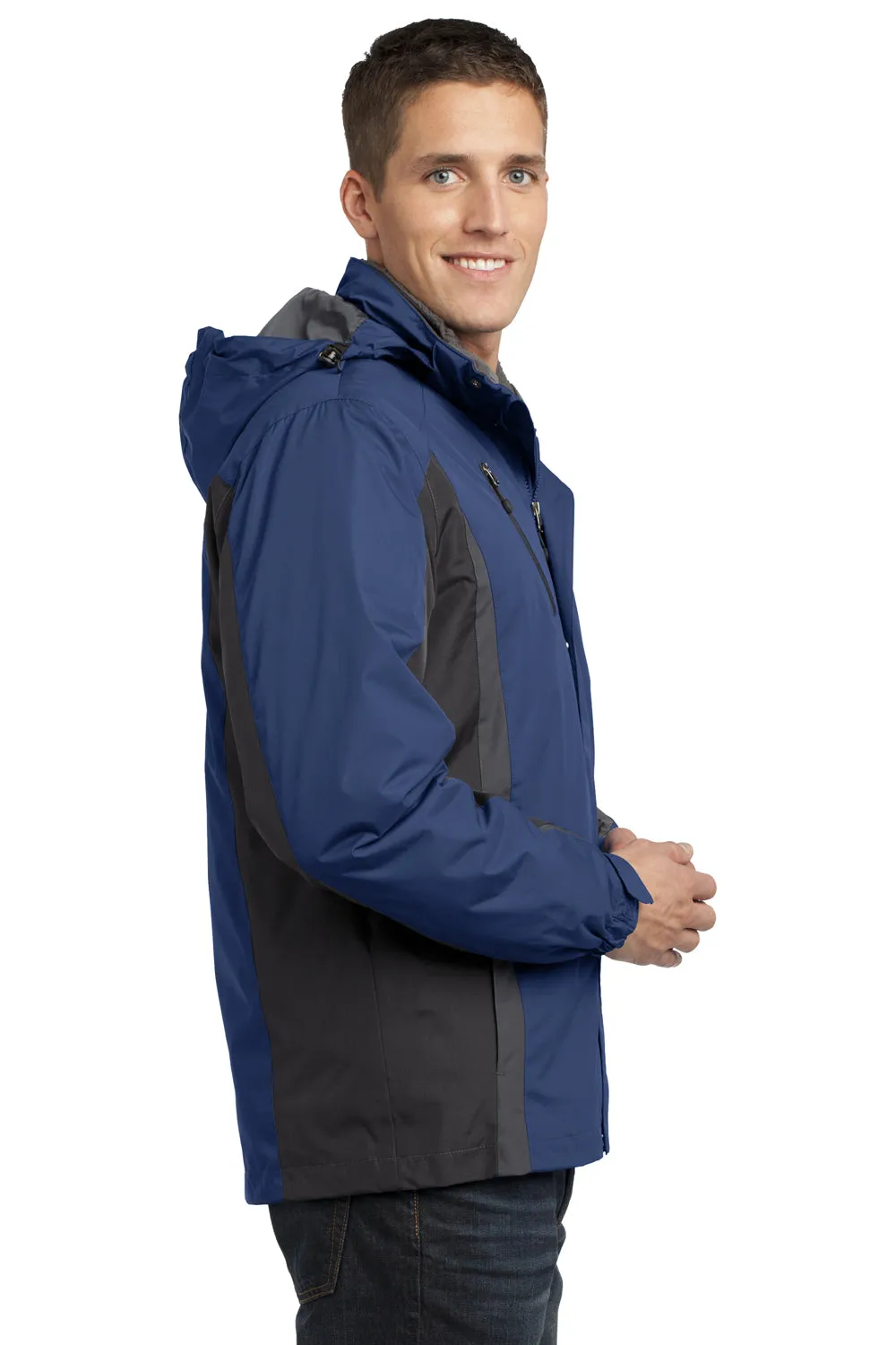 Port Authority Mens 3-in-1 Wind & Water Resistant Full Zip Hooded Jacket - Admiral Blue/Black/Magnet Grey