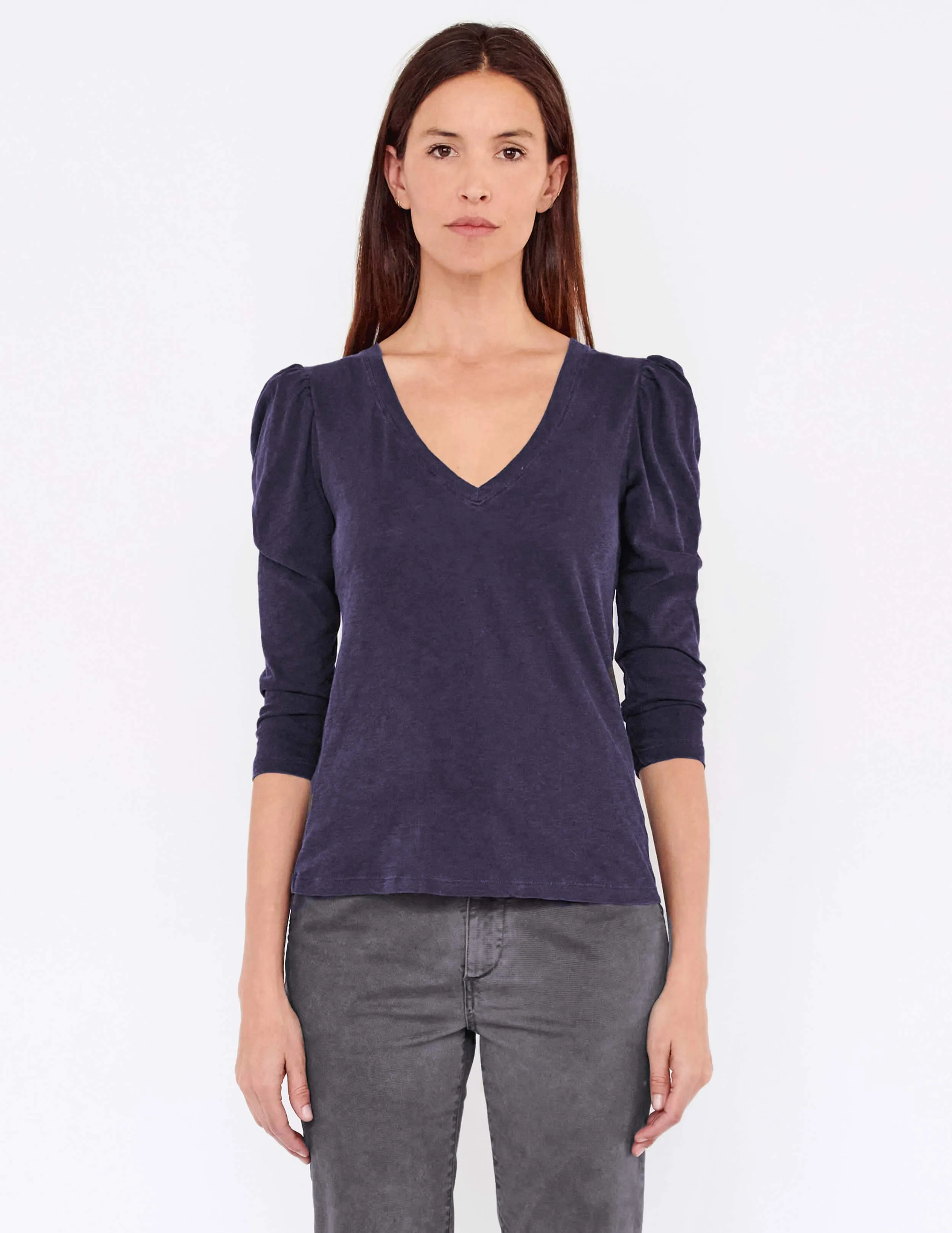 Puff Sleeve V Neck Top, Navy